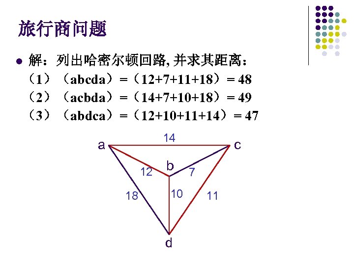 旅行商问题 解：列出哈密尔顿回路, 并求其距离： （1）（abcda）=（12+7+11+18）= 48 （2）（acbda）=（14+7+10+18）= 49 （3）（abdca）=（12+10+11+14）= 47 l 14 a 12 18