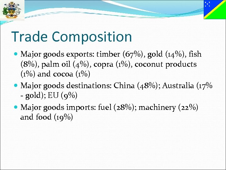 Trade Composition Major goods exports: timber (67%), gold (14%), fish (8%), palm oil (4%),