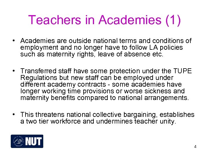 Teachers in Academies (1) • Academies are outside national terms and conditions of employment