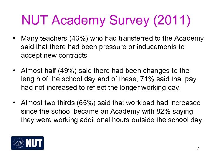 NUT Academy Survey (2011) • Many teachers (43%) who had transferred to the Academy