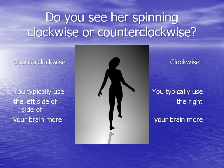 Do you see her spinning clockwise or counterclockwise? Counterclockwise You typically use the left