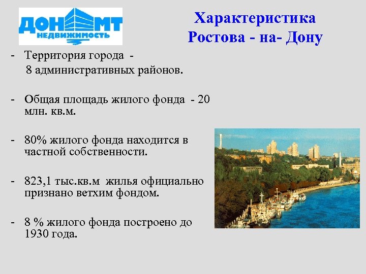 Характеристика Ростова - на- Дону - Территория города 8 административных районов. - Общая площадь