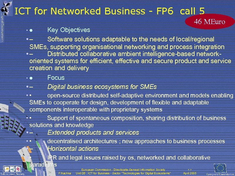 ICT for Networked Business - FP 6 call 5 46 MEuro Key Objectives •