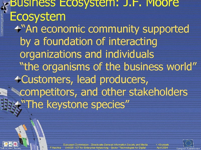 Business Ecosystem: J. F. Moore Ecosystem “An economic community supported by a foundation of