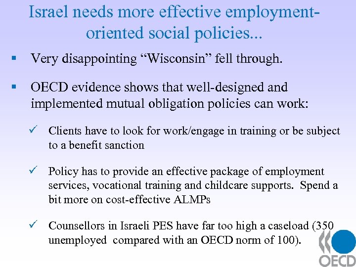 Israel needs more effective employmentoriented social policies. . . § Very disappointing “Wisconsin” fell