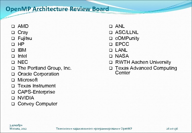 Open. MP Architecture Review Board AMD Cray Fujitsu HP IBM Intel NEC The Portland