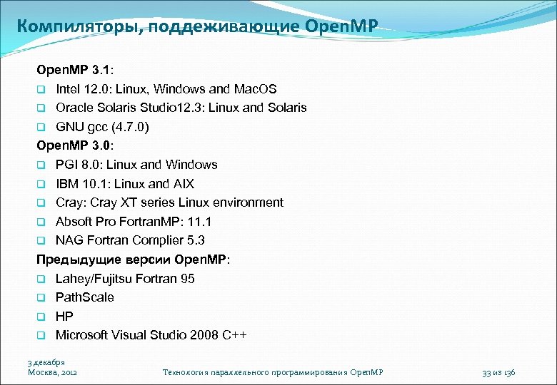 Компиляторы, поддеживающие Open. MP 3. 1: Intel 12. 0: Linux, Windows and Mac. OS