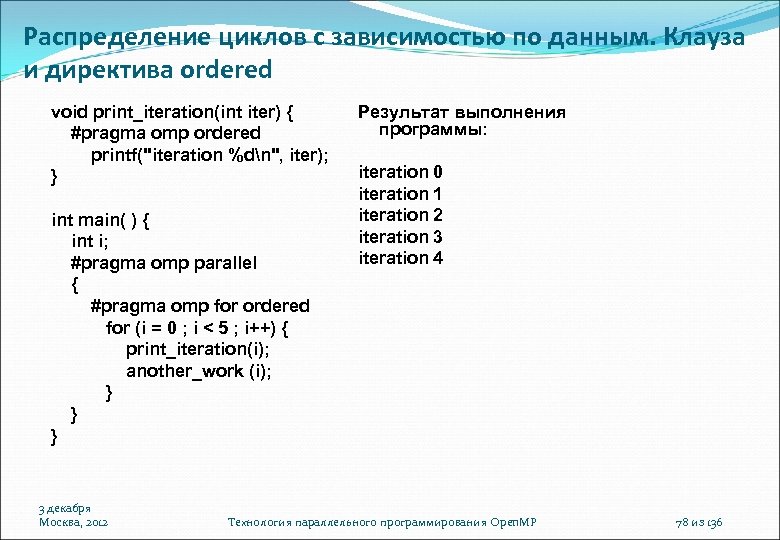Распределение циклов с зависимостью по данным. Клауза и директива ordered void print_iteration(int iter) {