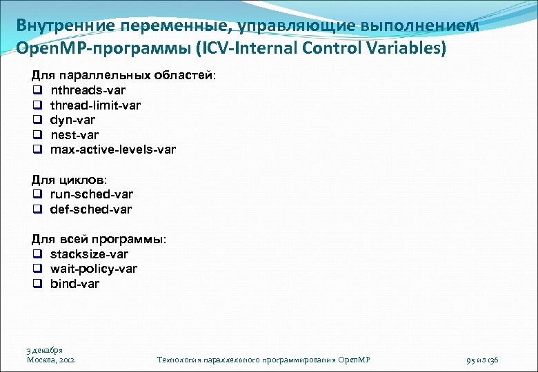 Внутренние переменные, управляющие выполнением Open. MP-программы (ICV-Internal Control Variables) Для параллельных областей: nthreads-var thread-limit-var