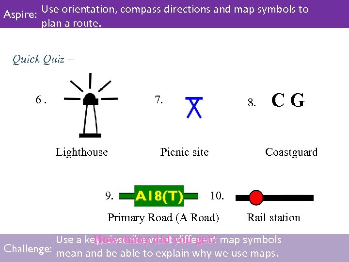 Aspire: Use orientation, compass directions and map symbols to plan a route. Quick Quiz