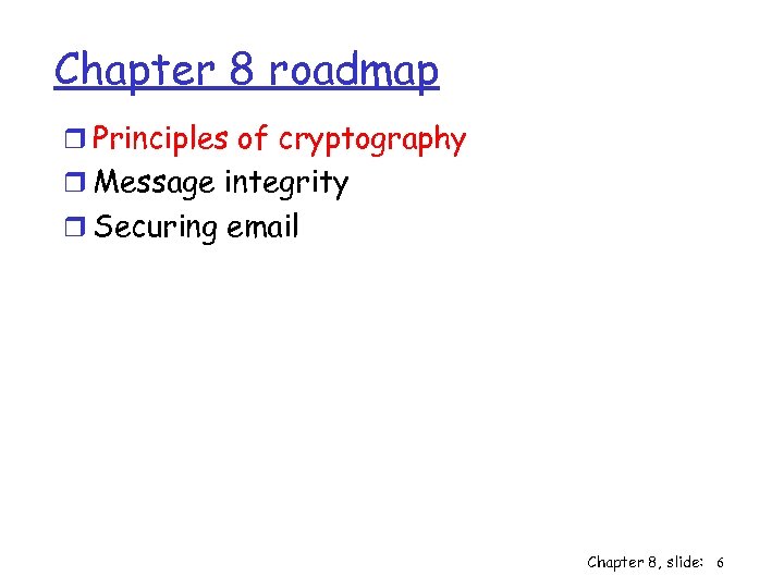 Chapter 8 roadmap r Principles of cryptography r Message integrity r Securing email Chapter