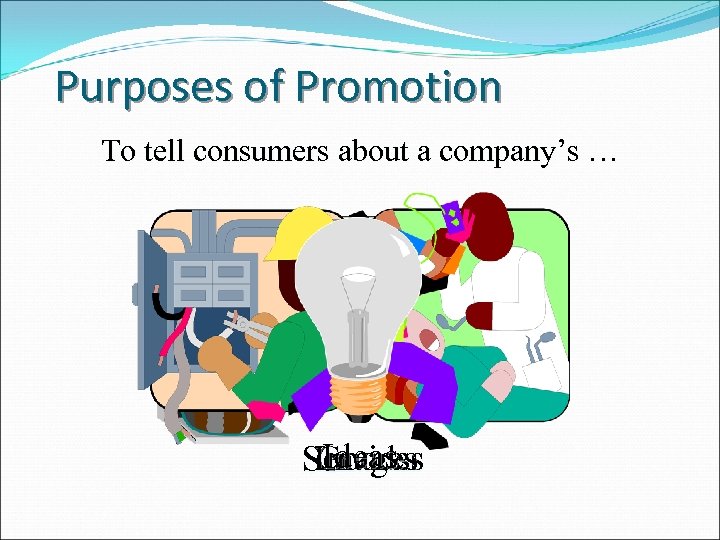 Purposes of Promotion To tell consumers about a company’s … Ideas Images Services Goods