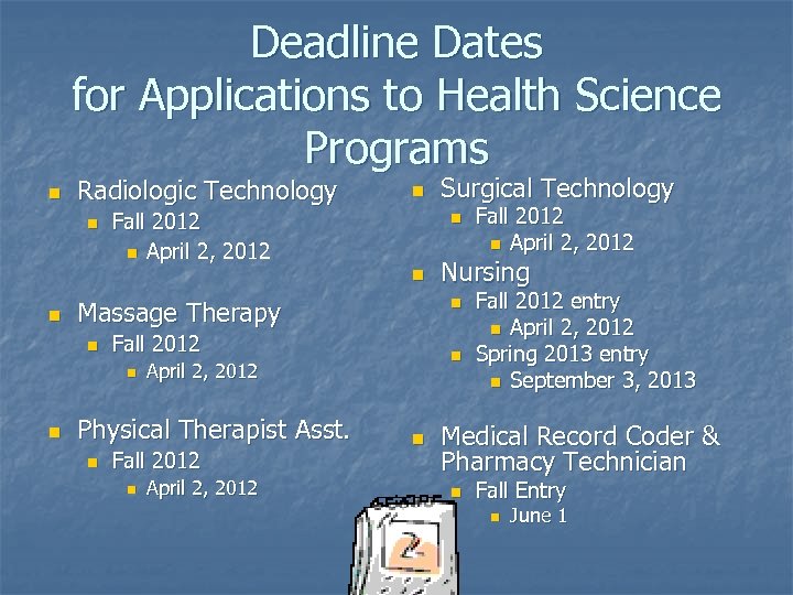 Deadline Dates for Applications to Health Science Programs n Radiologic Technology n n Fall