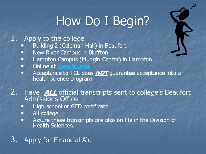 How Do I Begin? 1. Apply to the college • • • Building 2