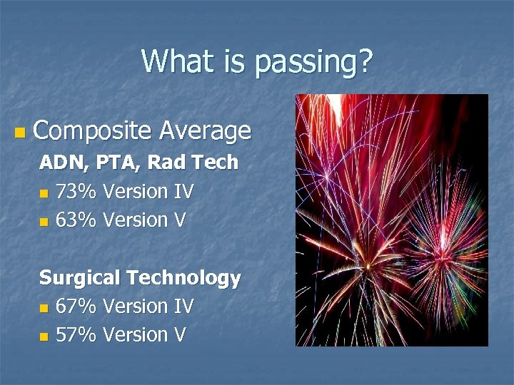 What is passing? n Composite Average ADN, PTA, Rad Tech n 73% Version IV