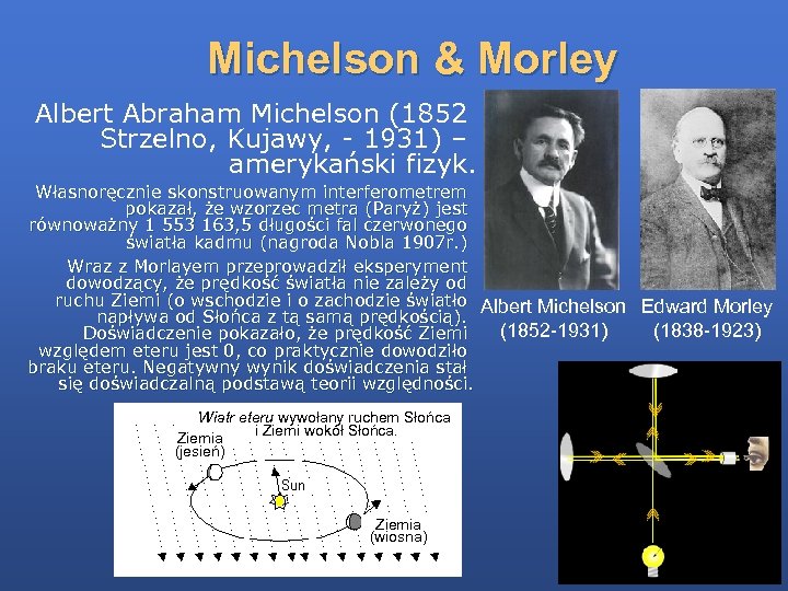 Michelson & Morley Albert Abraham Michelson (1852 Strzelno, Kujawy, - 1931) – amerykański fizyk.