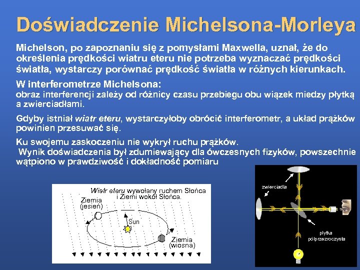 Doświadczenie Michelsona-Morleya Michelson, po zapoznaniu się z pomysłami Maxwella, uznał, że do określenia prędkości