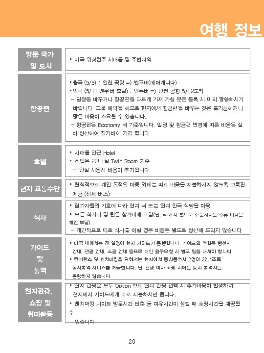 여행 정보 방문 국가 및 도시 항공편 호텔 현지 교통수단 식사 • 미국 워싱턴주