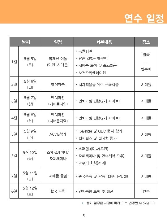 연수 일정 날짜 일정 세부내용 ▸ 공항집결 1일 5월 5일 국제선 이동 (토) (인천-시애틀)