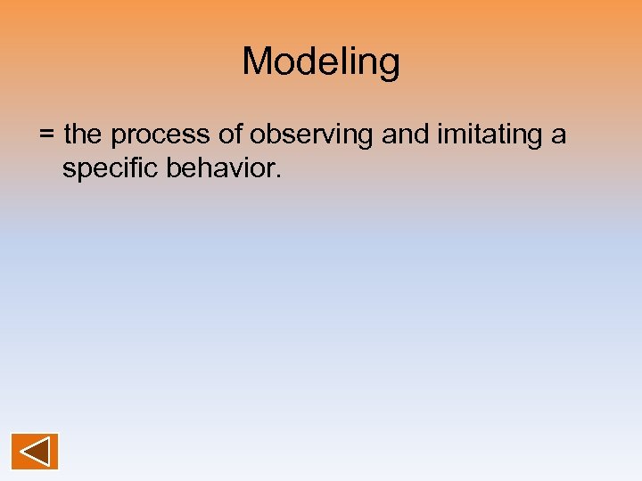 Modeling = the process of observing and imitating a specific behavior. 