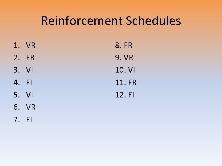 Reinforcement Schedules 1. 2. 3. 4. 5. 6. 7. VR FR VI FI VI