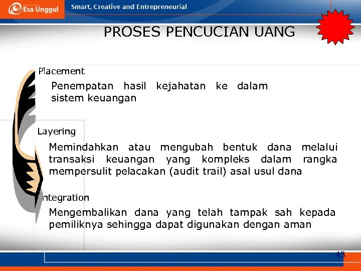 PROSES PENCUCIAN UANG Placement Penempatan hasil kejahatan ke dalam sistem keuangan Layering Memindahkan atau