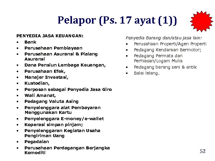 Pelapor (Ps. 17 ayat (1)) PENYEDIA JASA KEUANGAN: • Bank • Perusahaan Pembiayaan •