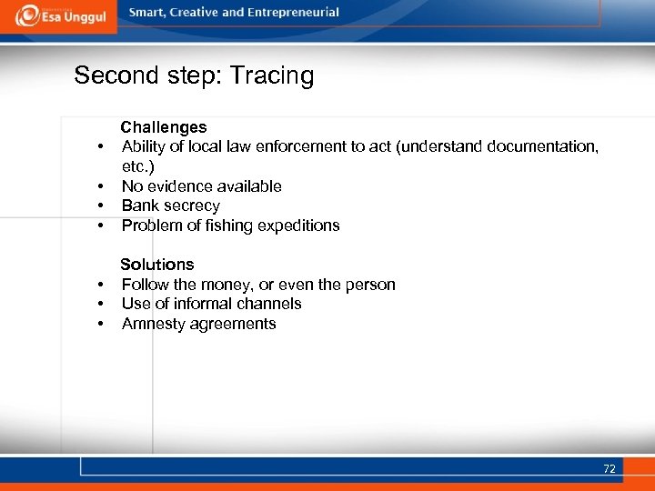 Second step: Tracing Challenges Ability of local law enforcement to act (understand documentation, etc.
