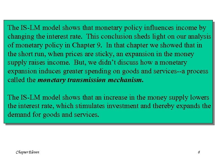 The IS-LM model shows that monetary policy influences income by changing the interest rate.