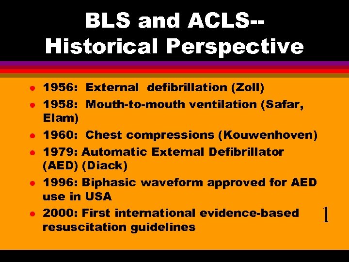 BLS and ACLS-Historical Perspective l l l 1956: External defibrillation (Zoll) 1958: Mouth-to-mouth ventilation