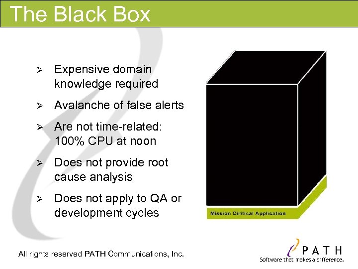 The Black Box Ø Expensive domain knowledge required Ø Avalanche of false alerts Ø