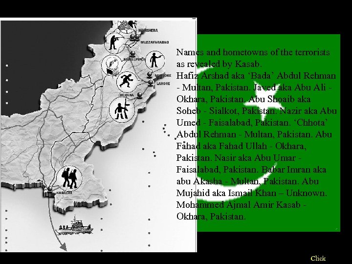 Names and hometowns of the terrorists as revealed by Kasab. Hafiz Arshad aka ‘Bada’