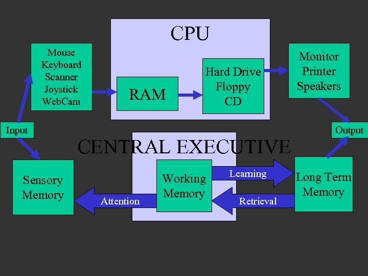 CPU Mouse Keyboard Scanner Joystick Web. Cam Input Sensory Memory RAM Hard Drive Floppy