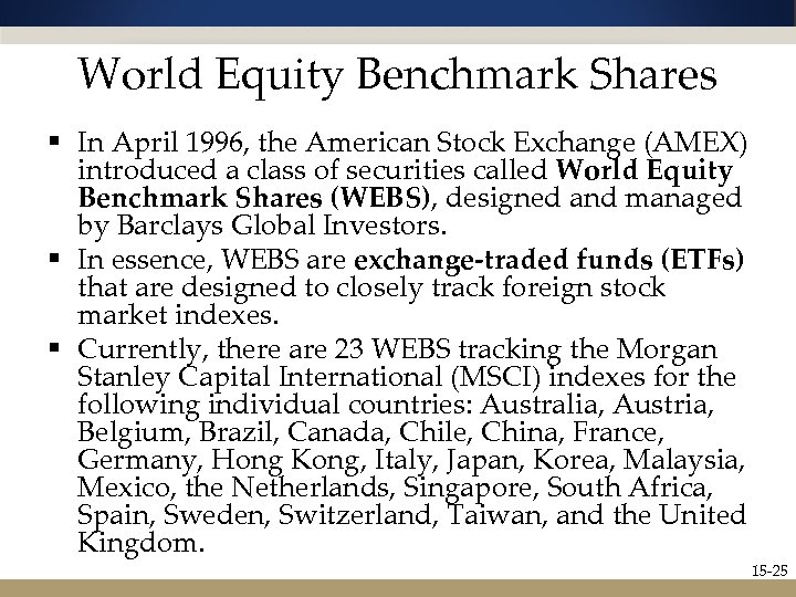 World Equity Benchmark Shares § In April 1996, the American Stock Exchange (AMEX) introduced