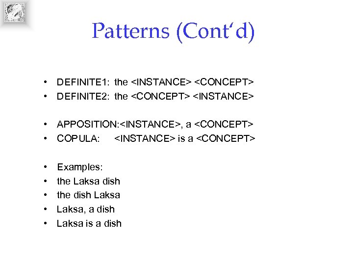 Patterns (Cont‘d) • DEFINITE 1: the <INSTANCE> <CONCEPT> • DEFINITE 2: the <CONCEPT> <INSTANCE>