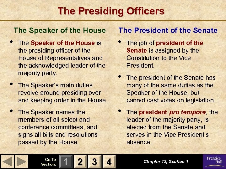 The Presiding Officers The Speaker of the House • The Speaker of the House