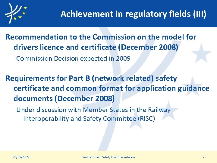 Achievement in regulatory fields (III) Recommendation to the Commission on the model for drivers