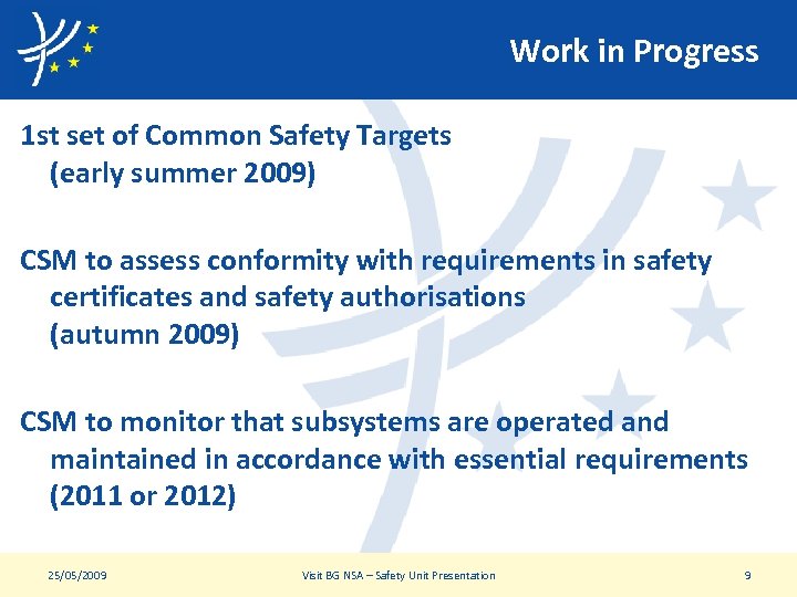 Work in Progress 1 st set of Common Safety Targets (early summer 2009) CSM