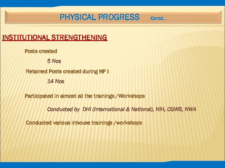PHYSICAL PROGRESS Contd… INSTITUTIONAL STRENGTHENING Posts created 5 Nos Retained Posts created during HP