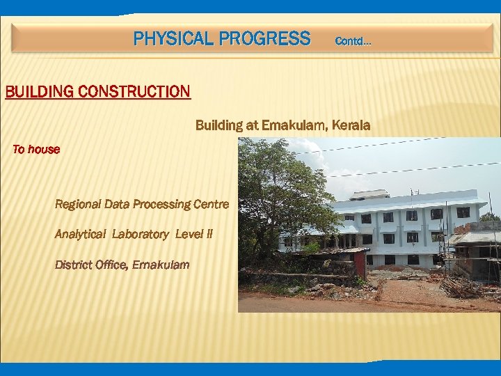 PHYSICAL PROGRESS Contd… BUILDING CONSTRUCTION Building at Ernakulam, Kerala To house Regional Data Processing