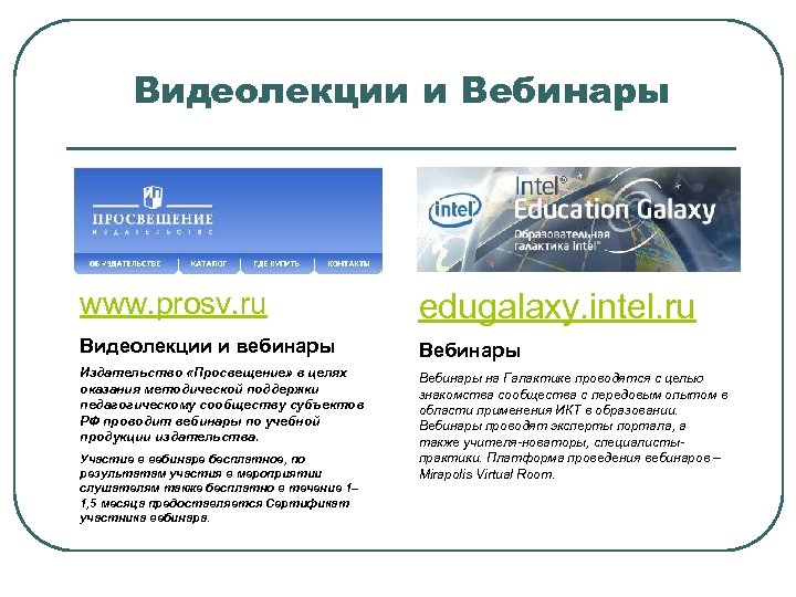 Видеолекции и Вебинары www. prosv. ru edugalaxy. intel. ru Видеолекции и вебинары Вебинары Издательство