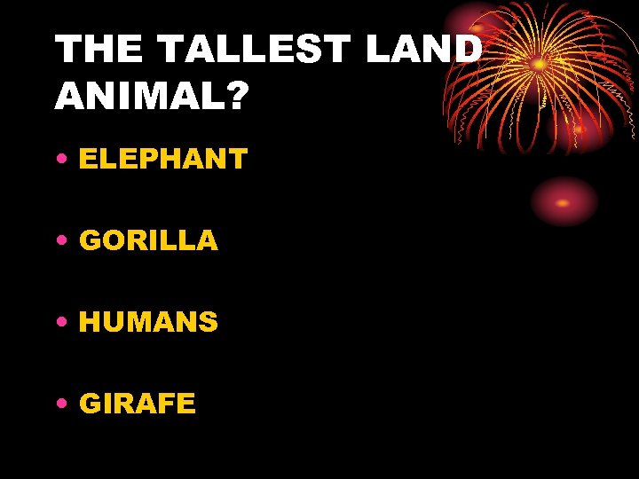 THE TALLEST LAND ANIMAL? • ELEPHANT • GORILLA • HUMANS • GIRAFE 