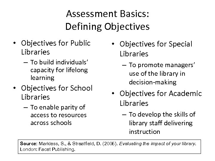 Assessment Basics: Defining Objectives • Objectives for Public Libraries – To build individuals’ capacity