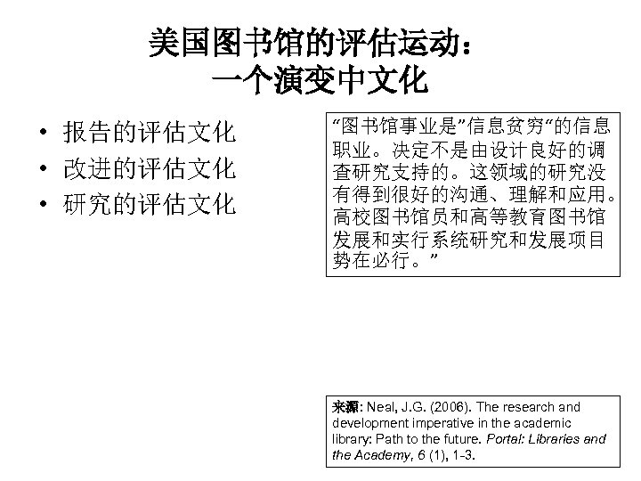 美国图书馆的评估运动： 一个演变中文化 • 报告的评估文化 • 改进的评估文化 • 研究的评估文化 “图书馆事业是”信息贫穷“的信息 职业。决定不是由设计良好的调 查研究支持的。这领域的研究没 有得到很好的沟通、理解和应用。 高校图书馆员和高等教育图书馆 发展和实行系统研究和发展项目