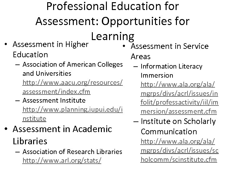 Professional Education for Assessment: Opportunities for Learning • Assessment in Higher Education • Assessment