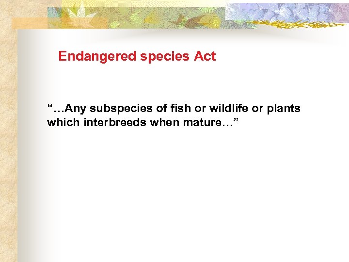 Endangered species Act “…Any subspecies of fish or wildlife or plants which interbreeds when