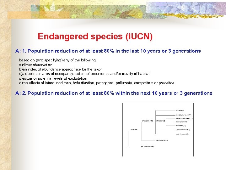 Endangered species (IUCN) A: 1. Population reduction of at least 80% in the last