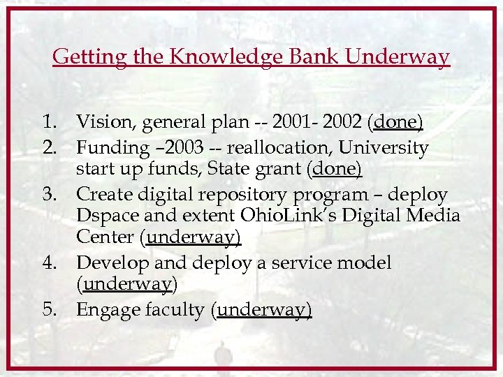 Getting the Knowledge Bank Underway 1. Vision, general plan -- 2001 - 2002 (done)