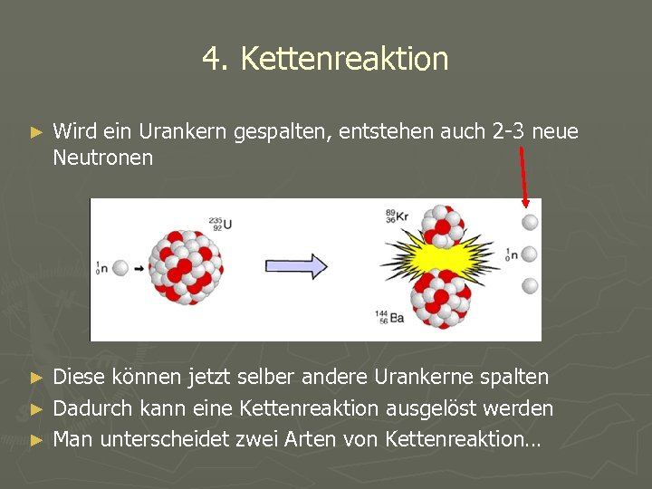 4. Kettenreaktion ► Wird ein Urankern gespalten, entstehen auch 2 -3 neue Neutronen Diese