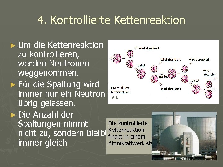 4. Kontrollierte Kettenreaktion ► Um die Kettenreaktion zu kontrollieren, werden Neutronen weggenommen. ► Für